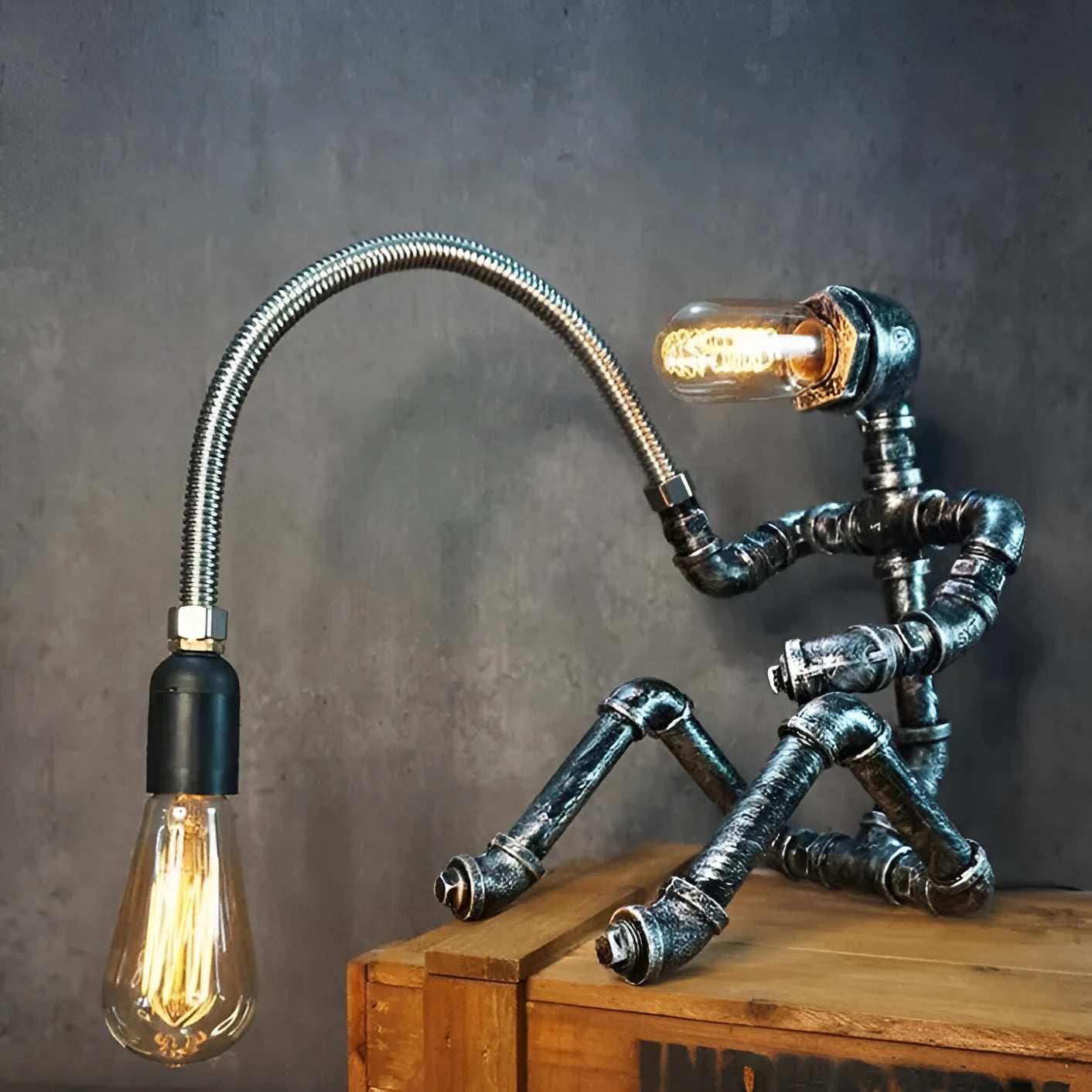 American retro industrial style bar water pipe table lamp with iron shade on a wooden desk