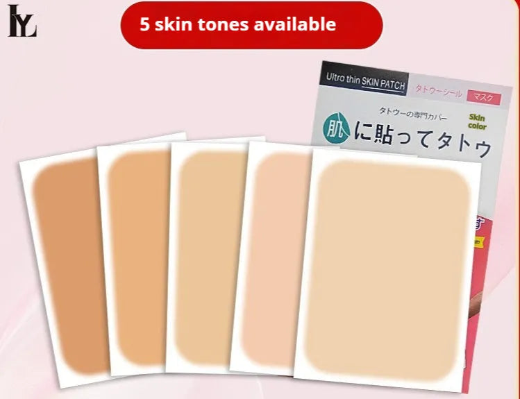 Tattoo cover patch kit with applicator brush for concealing birthmarks and tattoos in skin-coloured shades.