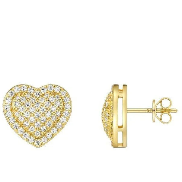 A pair of gold-coloured heart-shaped moissanite stud earrings on a plain background.