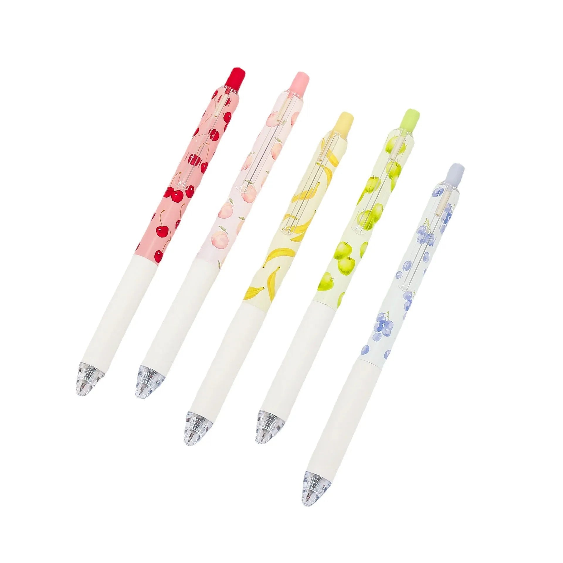 Three fruit-scented gel ink pens with 0.5mm black refills and press-action click mechanism