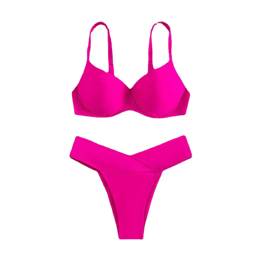 Solid colour bikini swimsuit in fluorescent pink, green, blue, orange, or black, showing sleeveless top and split briefs.