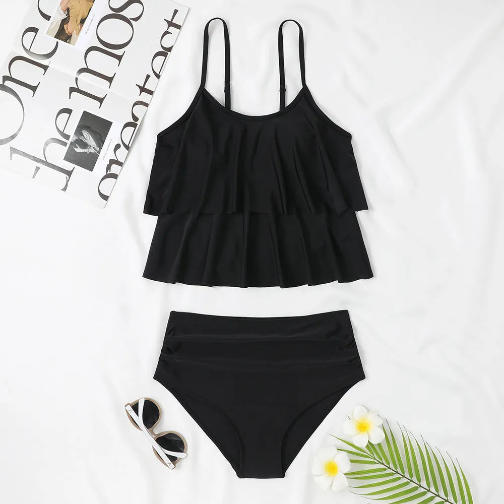 Women's high waist double-layer swimsuit in black and coconut tree print designs