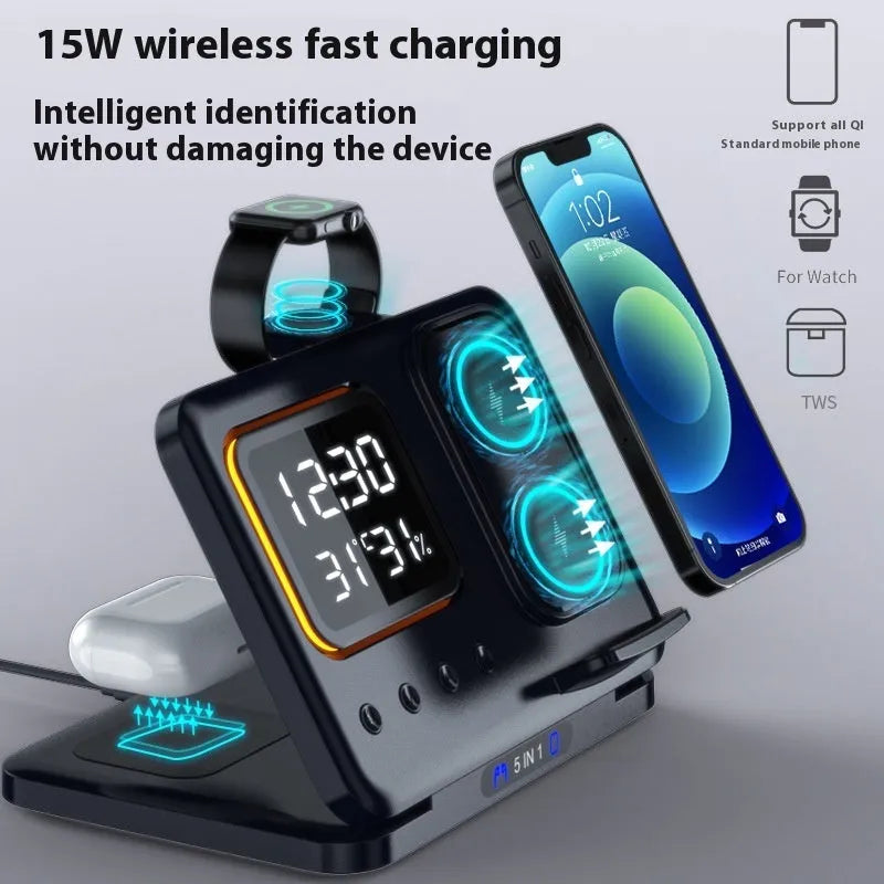Black and white wireless charging station with phone, watch, and headphones on dock, showing LED time and temperature display.