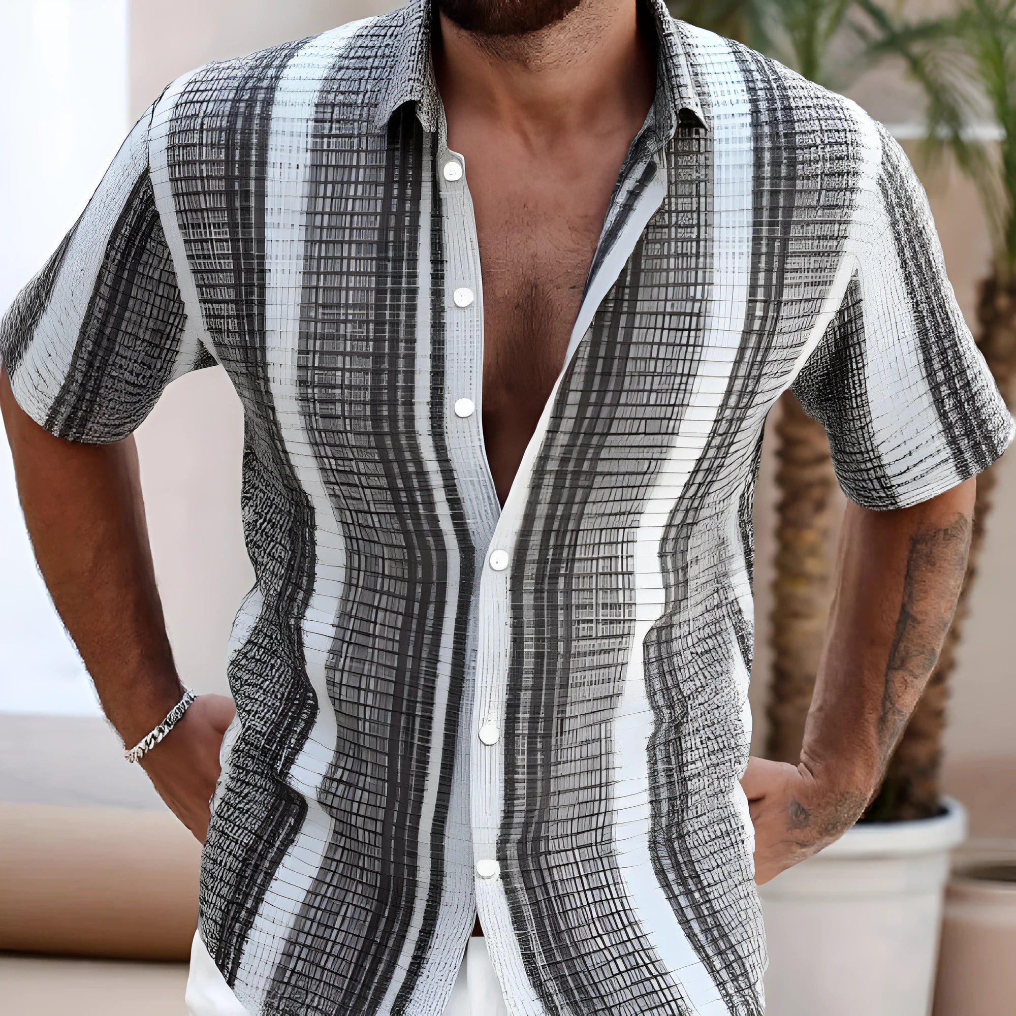 Men's slim fit short sleeve shirt with an all-over digital floral print on polyester fabric