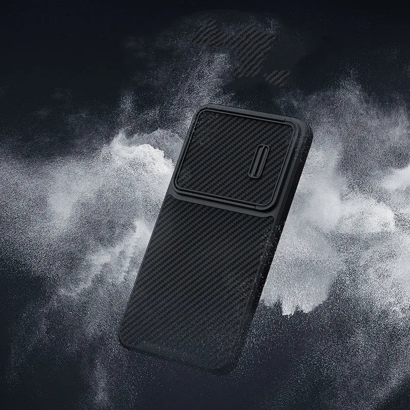 Black Samsung S23 Ultra mobile phone case with lens cover protection