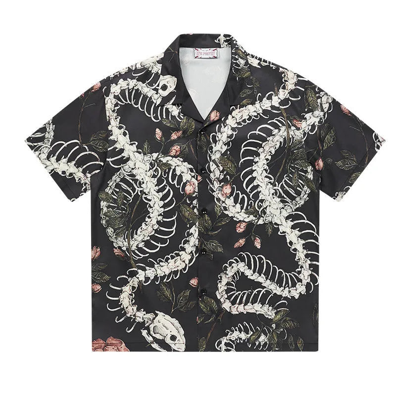 Snake bone pattern printed Cuban collar short sleeve shirt in loose fit design