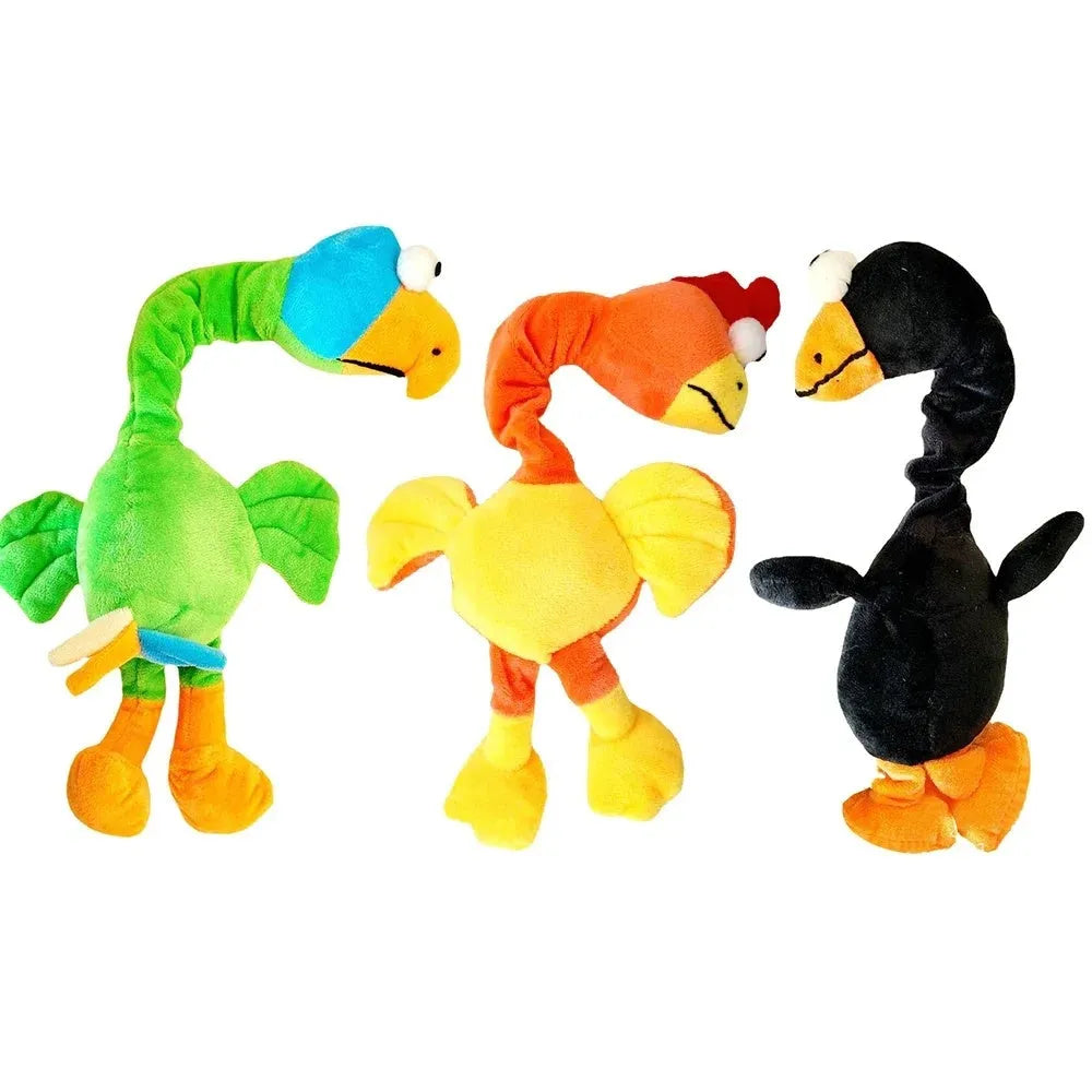 Screaming chicken sound squeaky dog chew toy in black, green, or orange.
