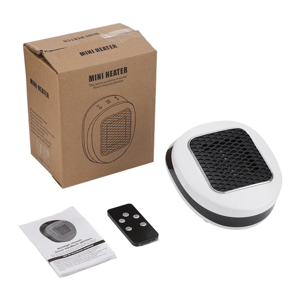 White portable ceramic electric fan heater with remote control on a table.