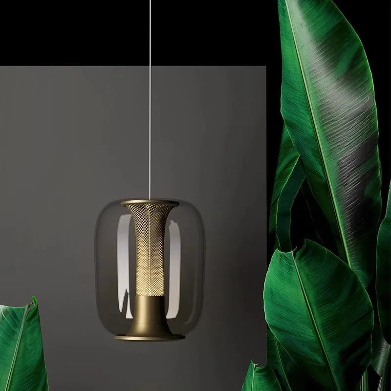 Nordic minimalist chandelier light in transparent, cognac or smoky grey colour measuring 16cm diameter