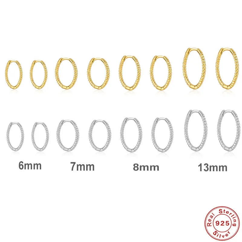 Twisted sterling silver round ring earrings in gold and white gold finishes showing multiple sizes