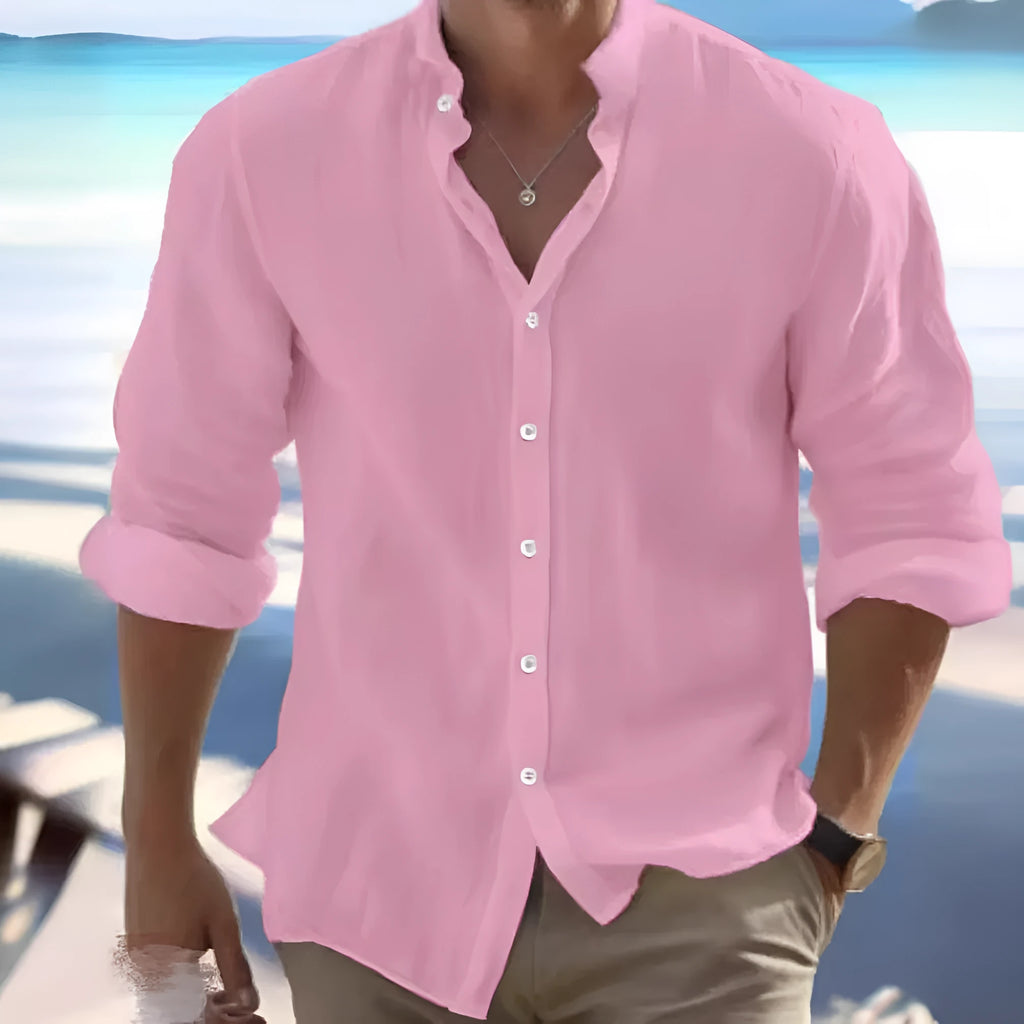 Men's casual button-up summer shirt in long-staple cotton, shown in a light colour on a model.