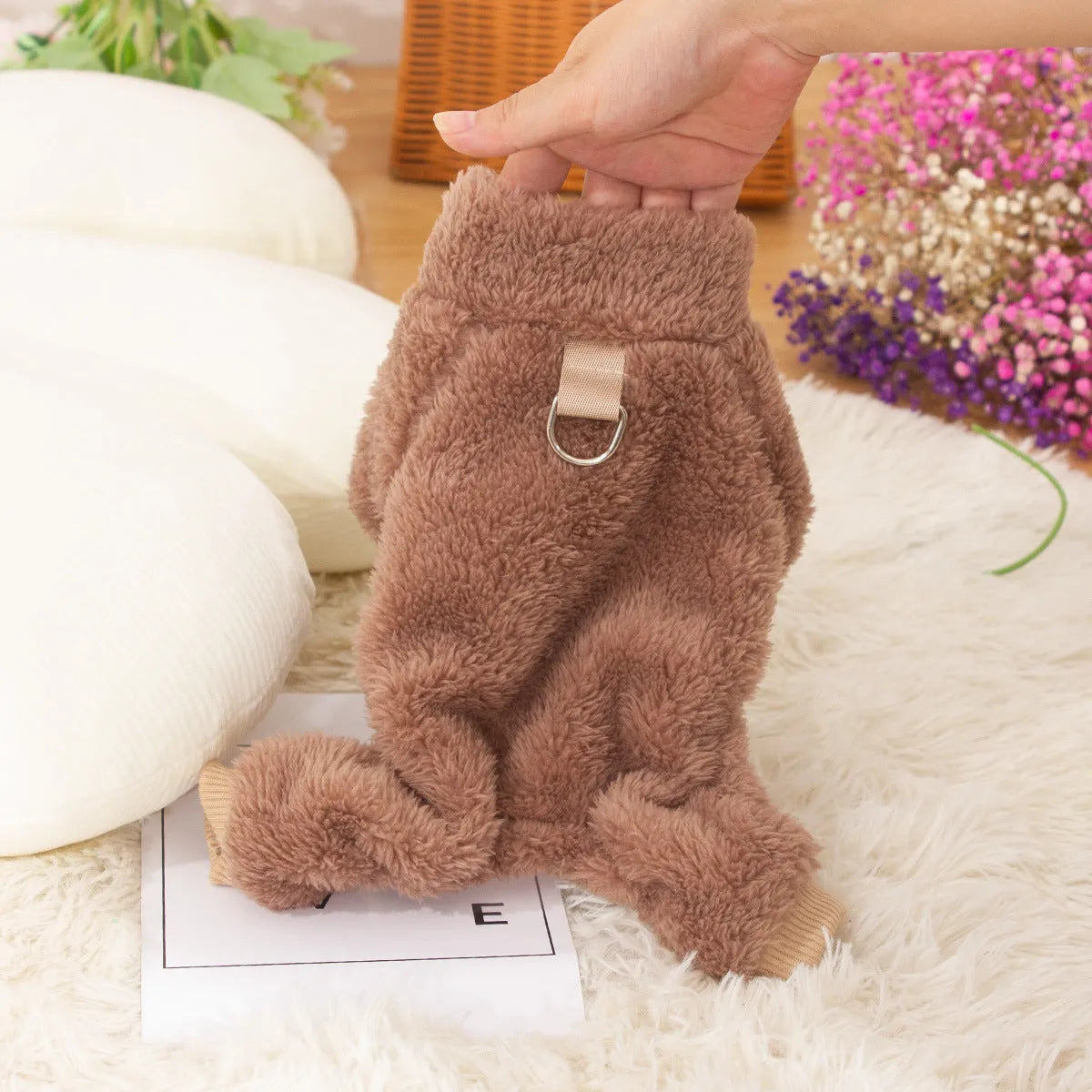 Double-sided plush dog clothing with high collar and four-legged design in blue colour