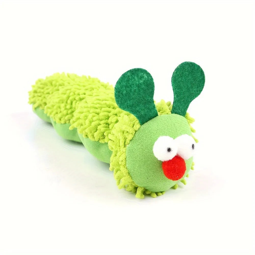 Green plush interactive cat toy pillow on a white background
