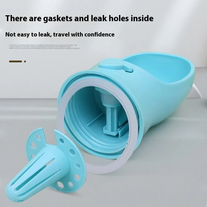 Blue plastic dual-use portable dog drinking cup with two-in-one design for outdoor hydration.