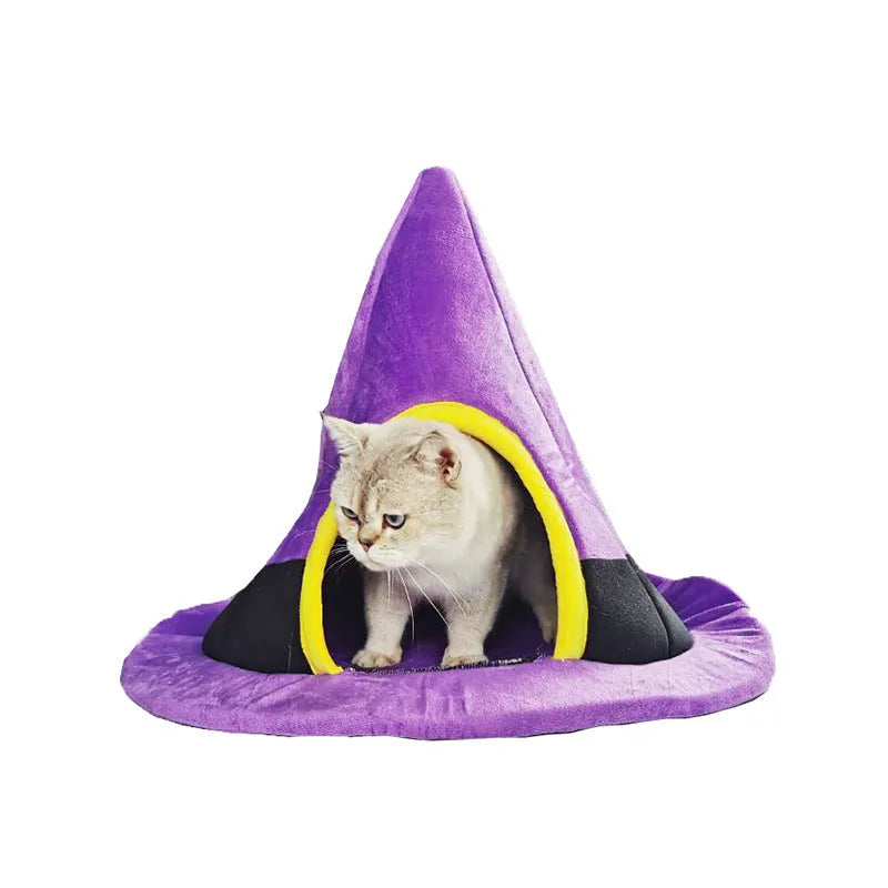Purple witch hat shaped cat bed measuring 60 by 45 centimetres