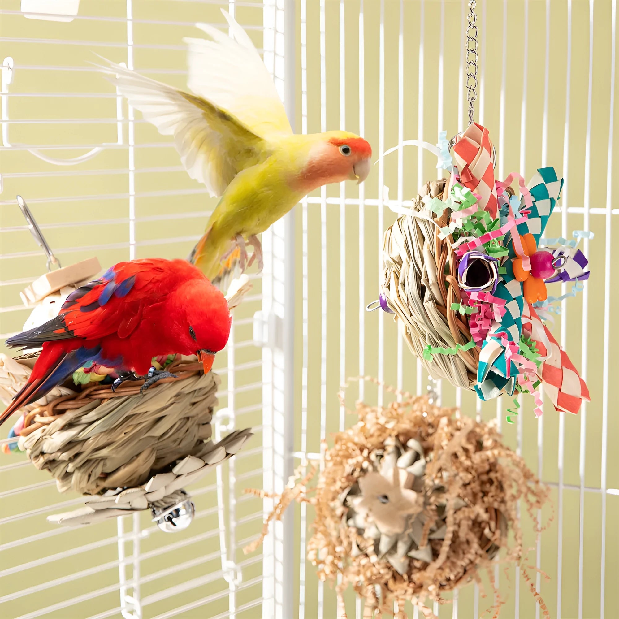 Parrot gnawing molar chew toy set with three wooden pieces of different weights for bird beak care