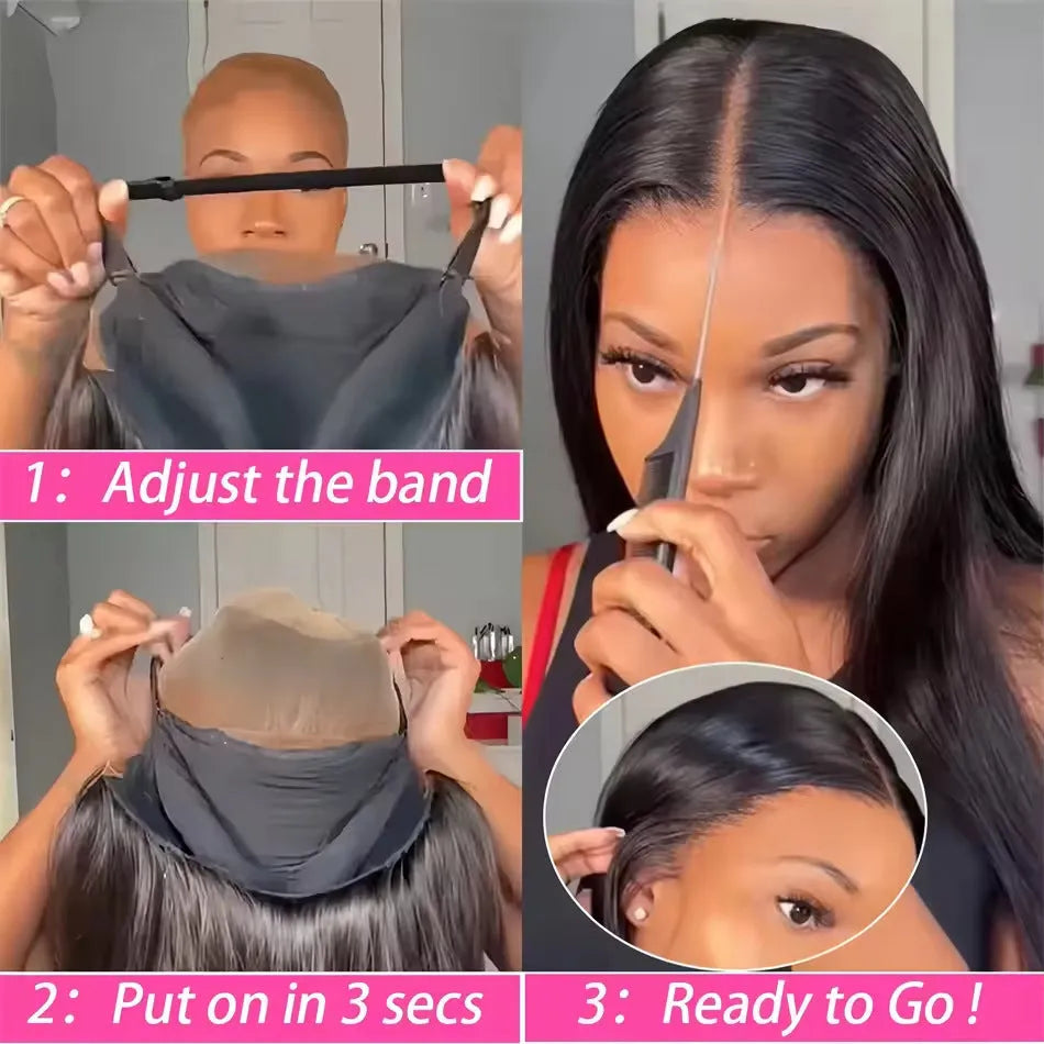 Glueless human hair straight wig with side bangs shown in natural style
