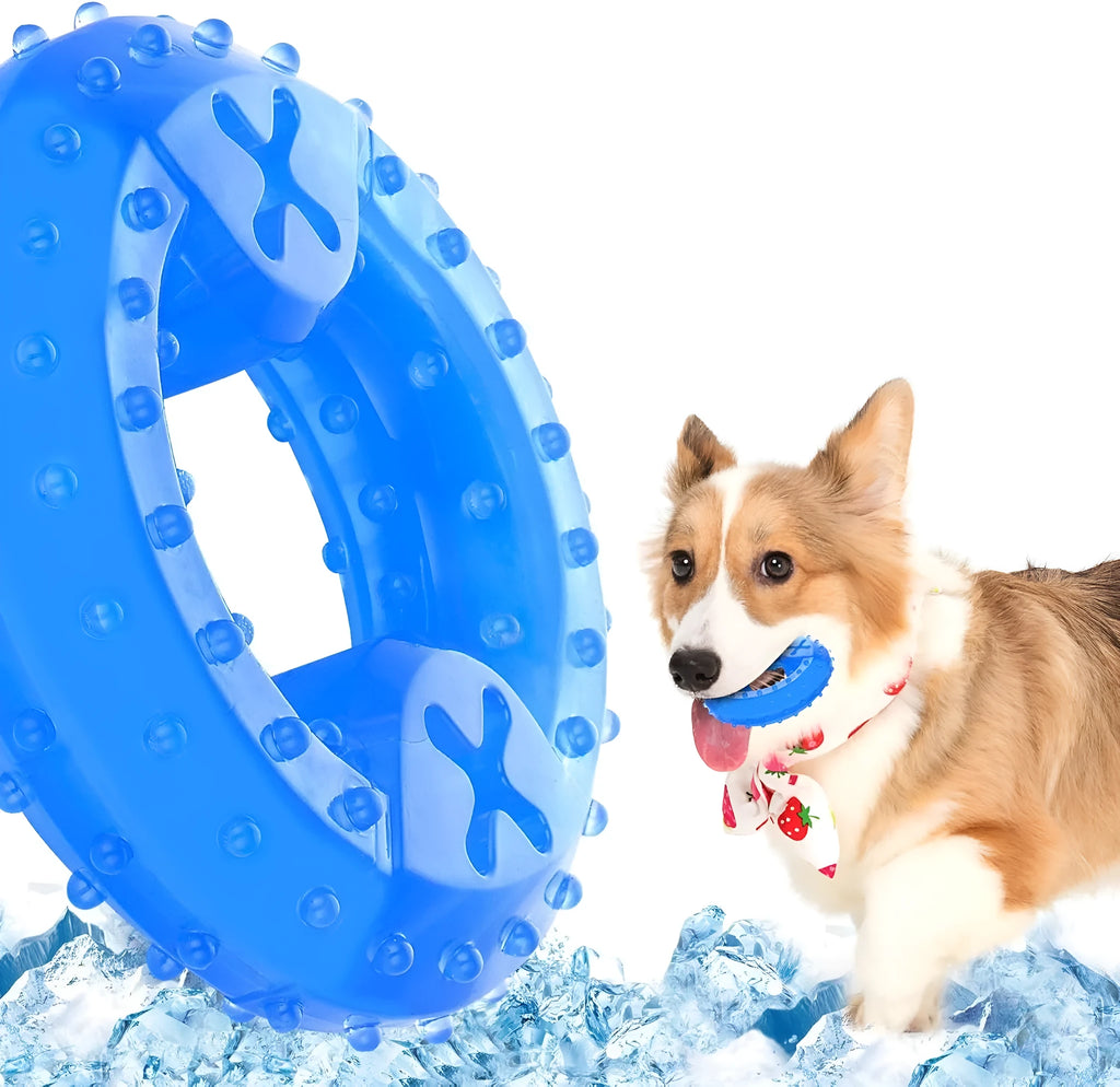 Freezable non-toxic dog chew toy in bone and circle shapes for teething and cooling.