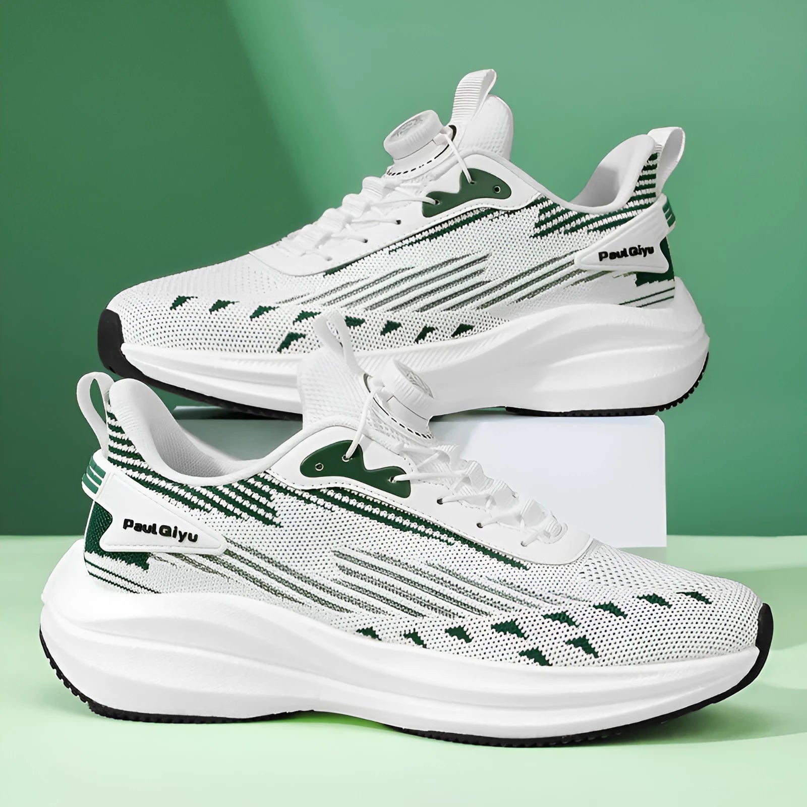 Men's rotating buckle Fly-kit mesh running shoes in black, grey, or white/green colours with flat sole
