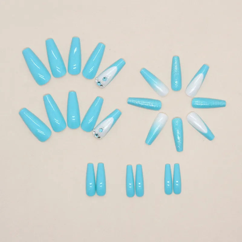Solid colour long ballet false nails with blue diamond glitter for ladies European style