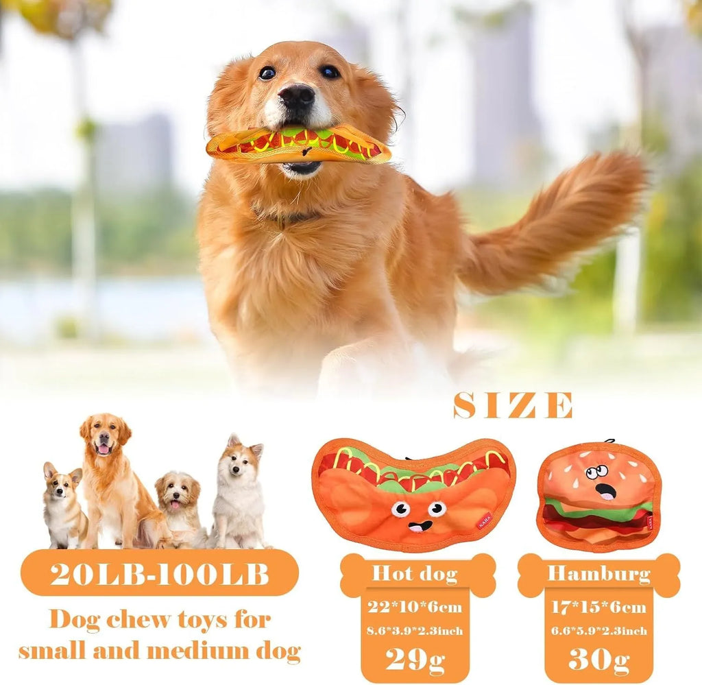 Food shaped dog chew toys with crinkle and squeak sounds including hamburger, pizza, hot dog and fries designs