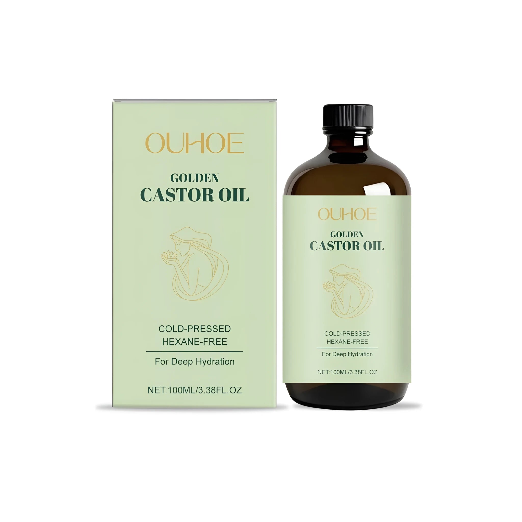 Golden Castor Oil skincare bottle with vitamin E and jojoba oil, 100ml