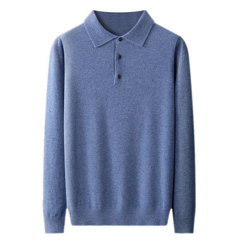 Men's wool sweater with polo collar in collegiate stitch design showing colour options