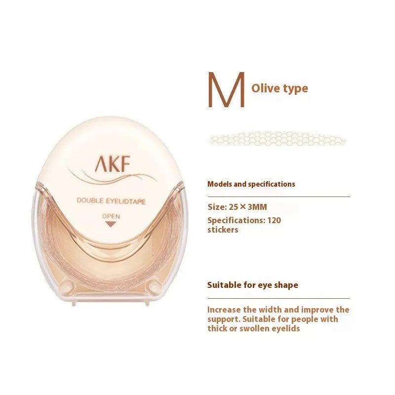 Roll of 120 clear lace double eyelid stickers in crescent and olive M shapes on skin.