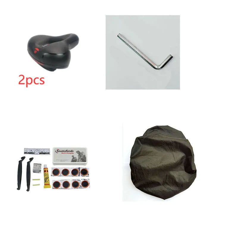 Bicycle saddle cushion with silicone gel insert, waterproof PU leather cover, steel bow frame, and included wrench and tire patch kit