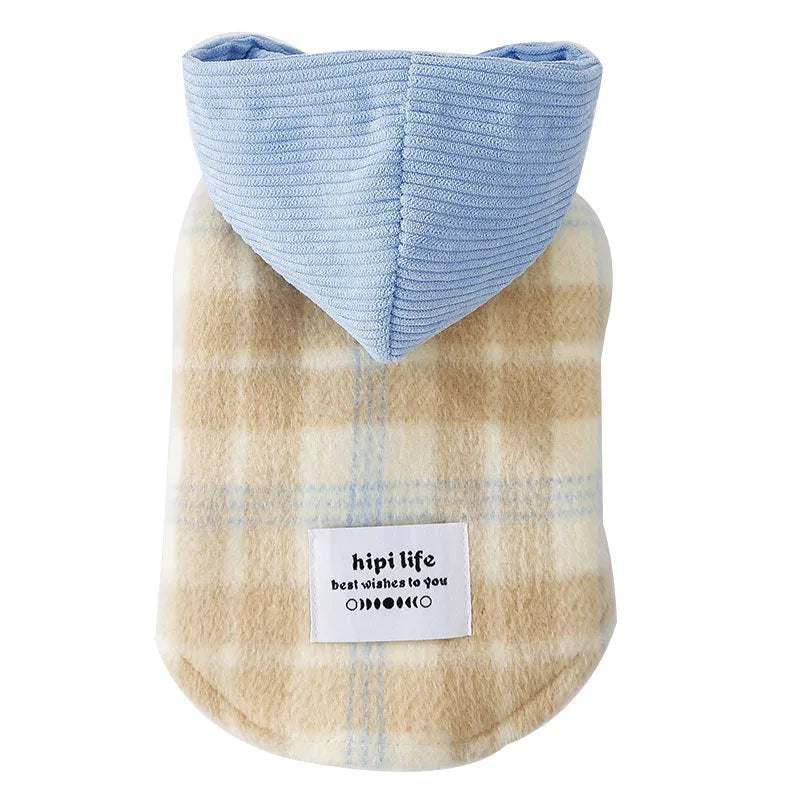 Blue corduroy dog vest with chessboard grid pattern and a hooded traction design.