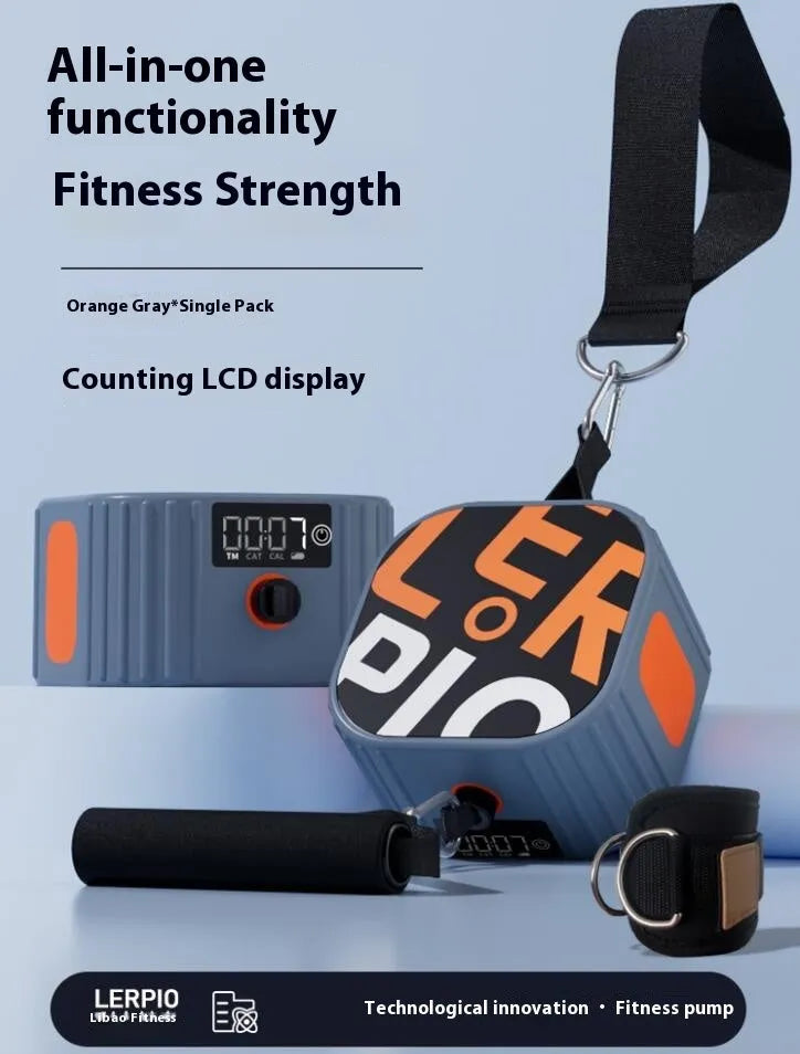 Multi-functional fitness tensioner with adjustable resistance dial showing 2-20kg range in blue grey colour