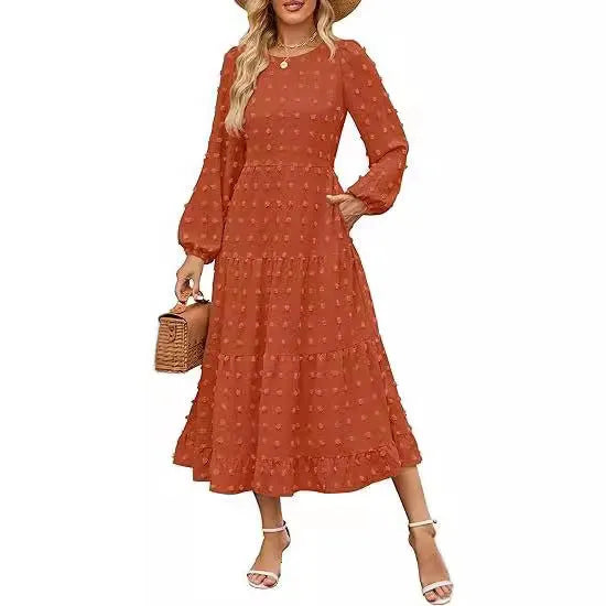 Women's autumn long sleeve dress with high waist and ruffled sleeves in solid colour