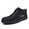 Men's solid colour slip-on loafers with round toe and rubber sole, shown in black, brown, and grey.
