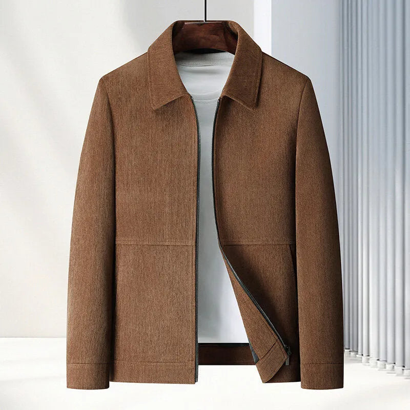 Men's slim fit lapel casual jacket in dark blue on a hanger.