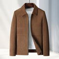 Men's slim fit lapel casual jacket in dark blue on a hanger.