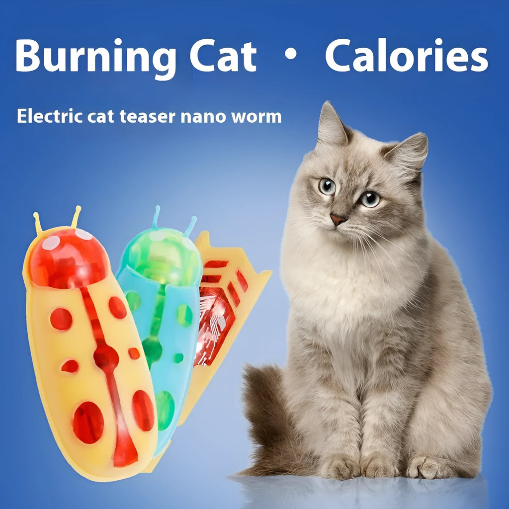 Electric worm-shaped cat teaser toy with jumping insect motion in red and black ladybug style