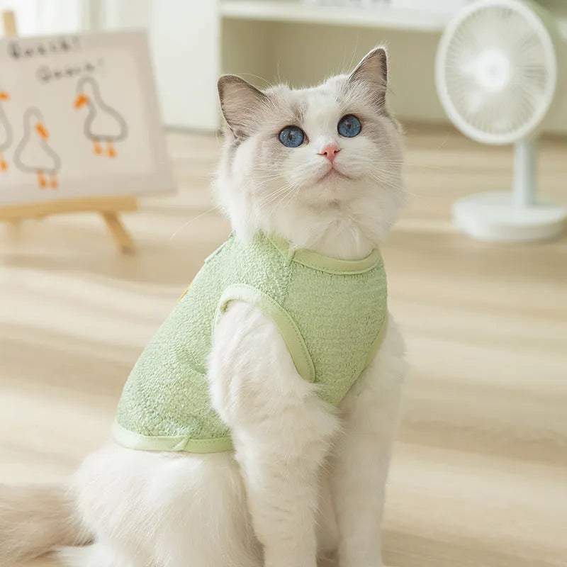 Green knitted cat clothing with bear patch design showing hollowed-out breathable fabric construction