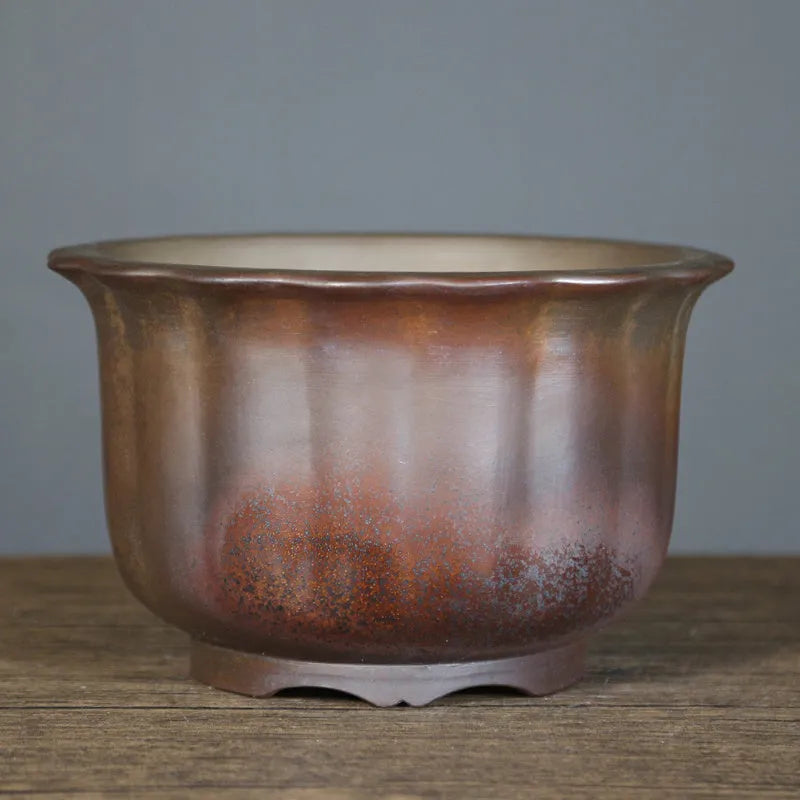 Antique carved purple sand ceramic flower pot for indoor bonsai in classical style