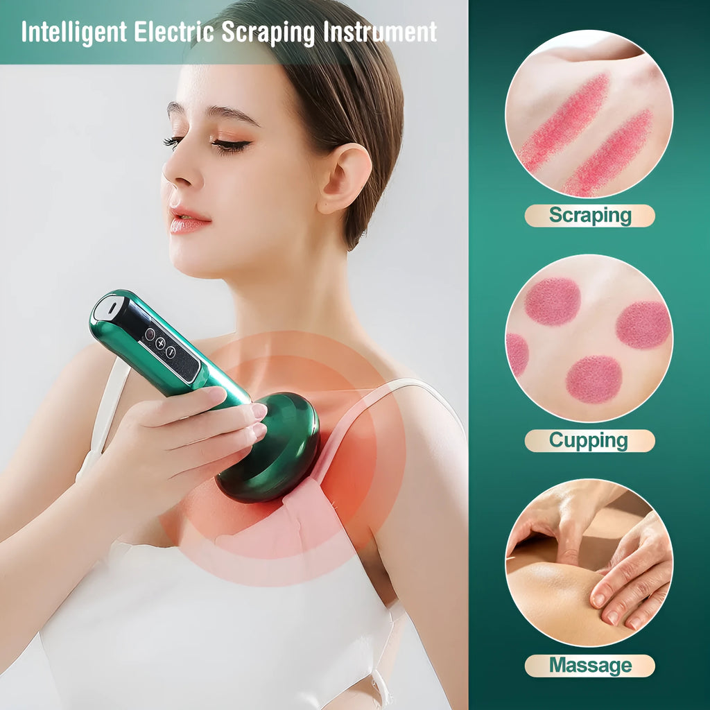 Green electric vacuum cupping massager with adjustable suction and infrared heating functions