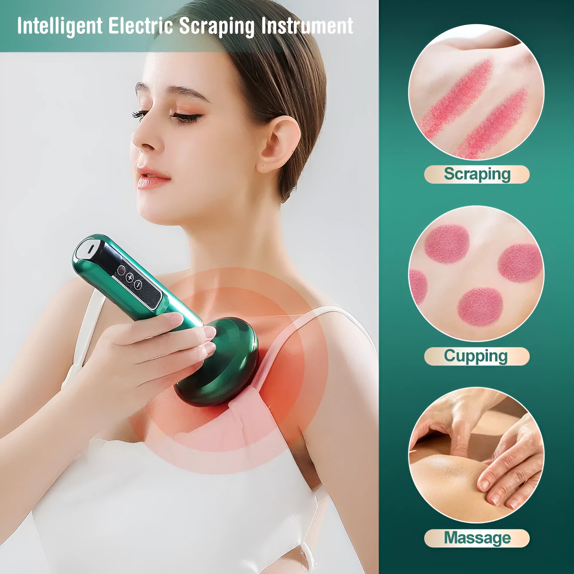 Green electric vacuum cupping massager with adjustable suction and infrared heating functions