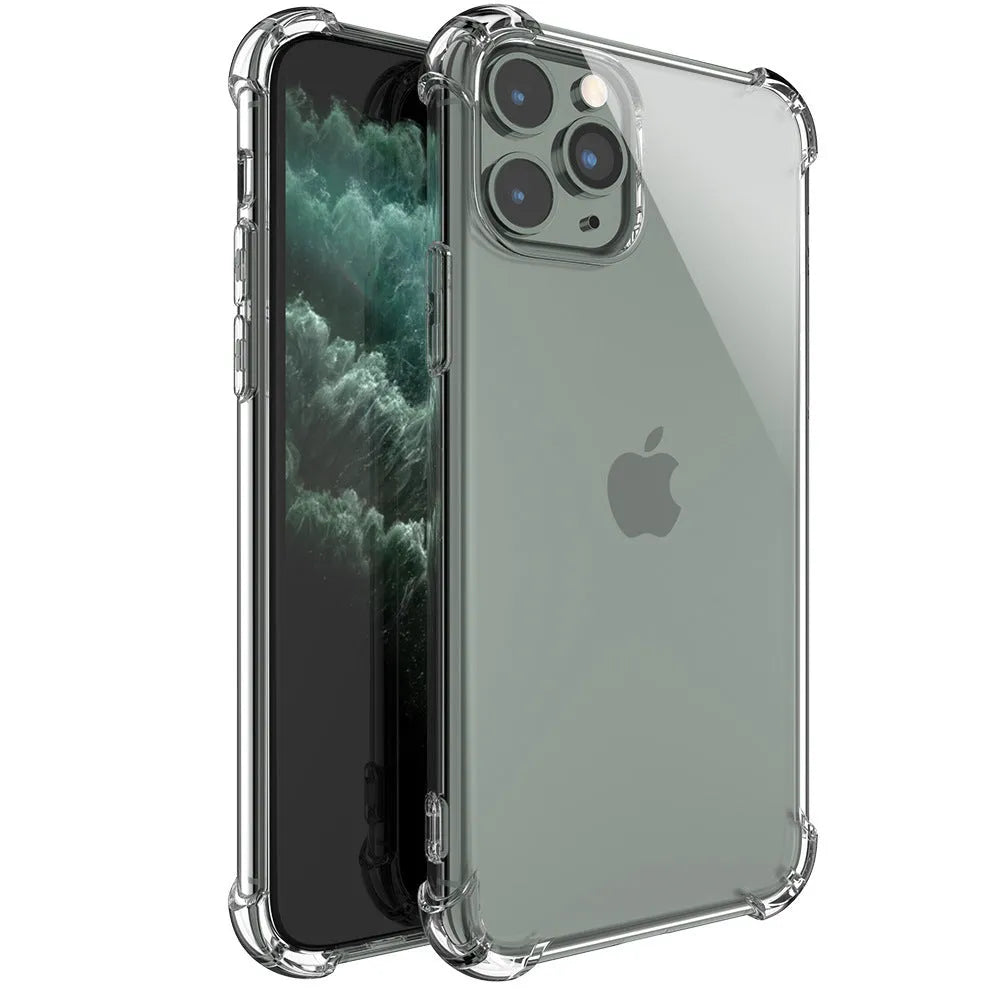 Clear transparent TPU shockproof phone case for Apple iPhone models on a table.