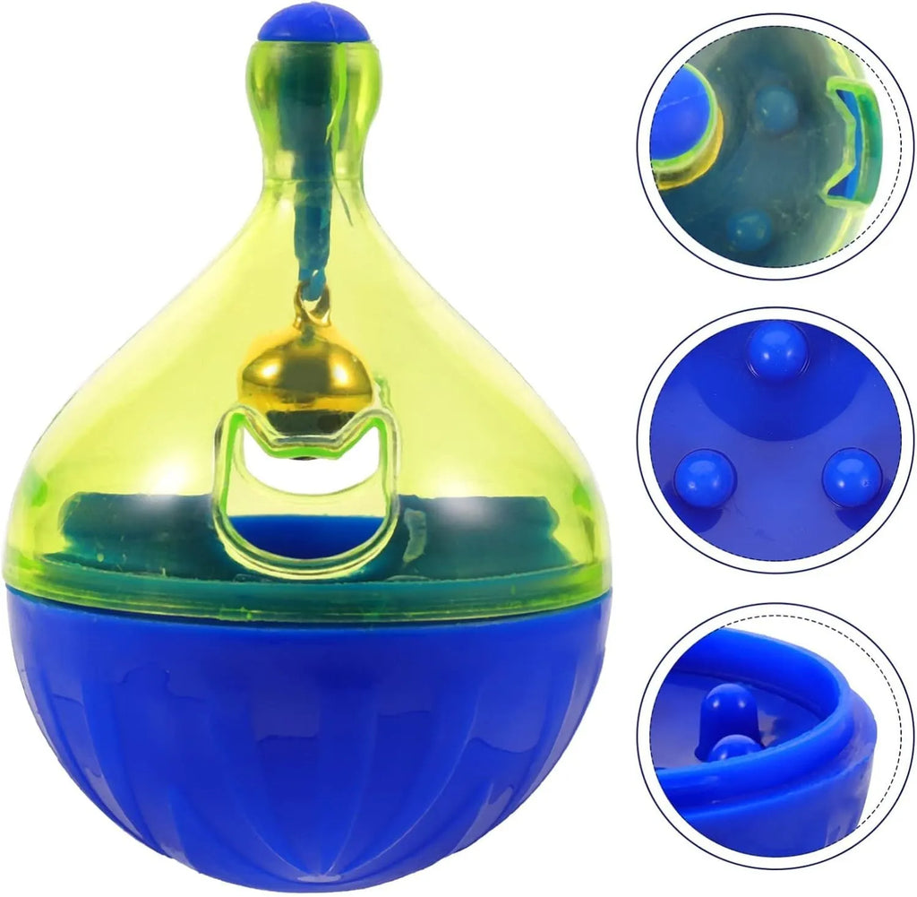 Interactive pet treat dispenser tumble ball toy measuring 14x10x10cm for dogs and cats
