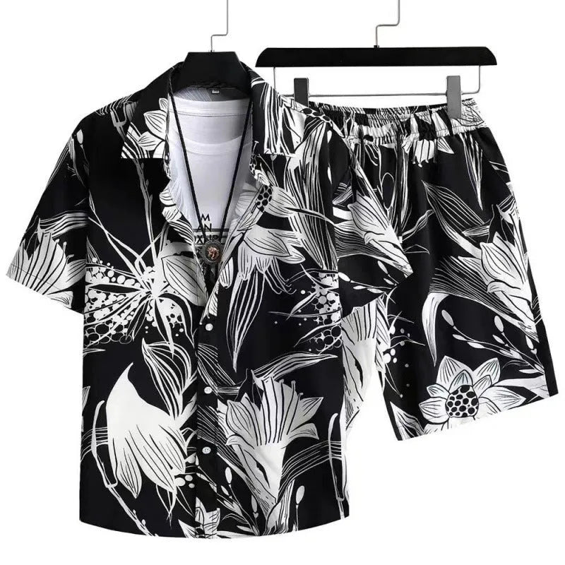 Man wearing a digital print short sleeve cardigan and matching shorts from the casual suit set.