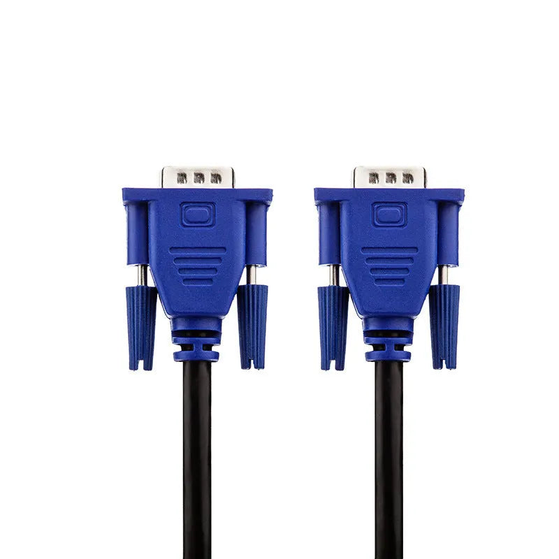 Black VGA video cable with blue connector heads and nickel-plated terminals, length 1.5m