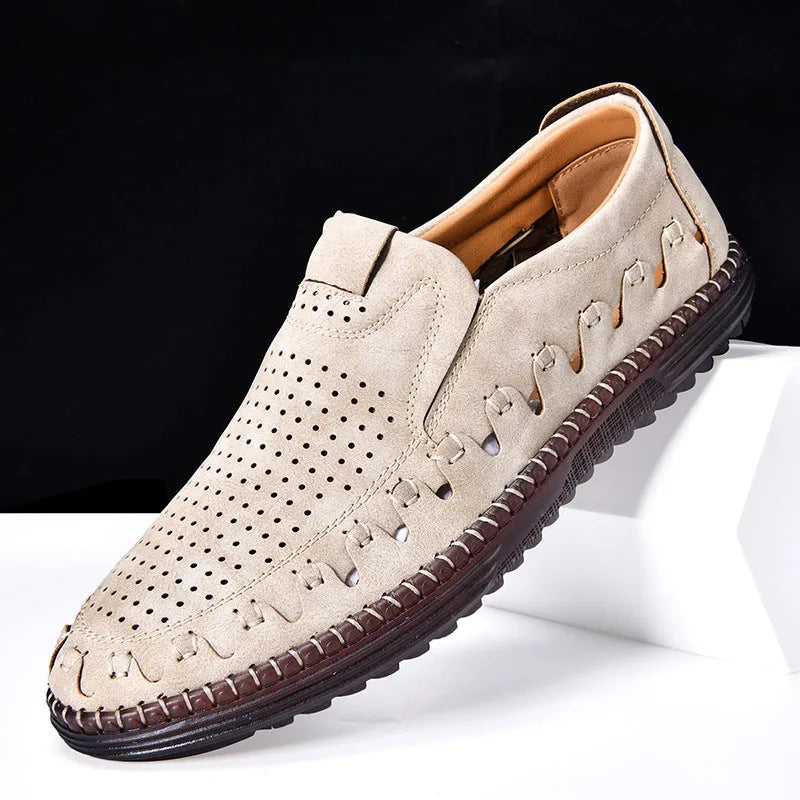 Men's brown hand-sewn PU slip-on casual shoes with a flat sole and round toe.