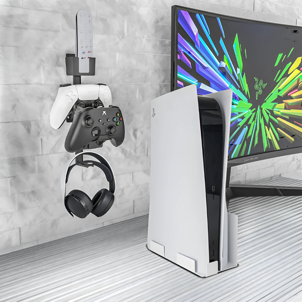 White ABS plastic wall hook holding PlayStation and Xbox game controllers