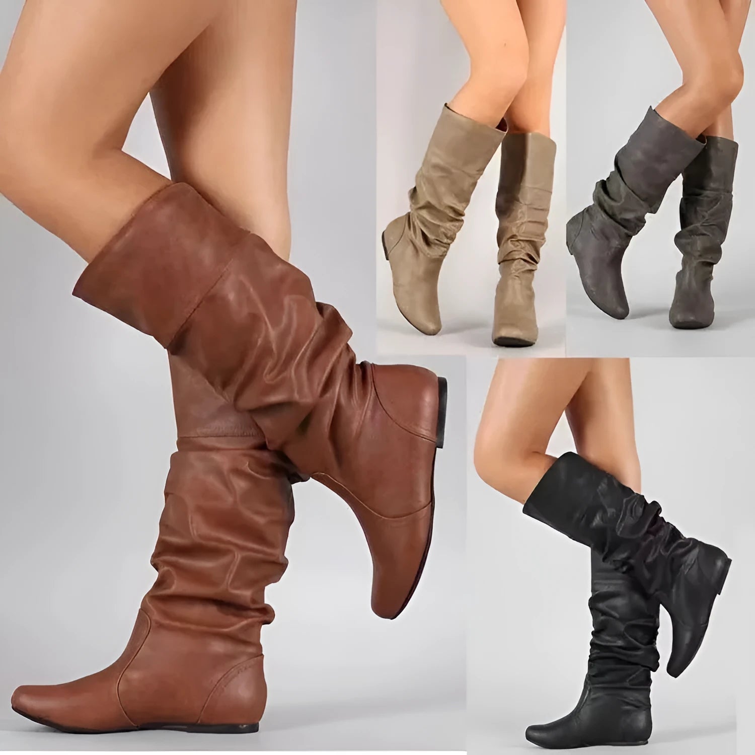Women's black slip-on flat high cylinder boots with a round toe and rubber sole.