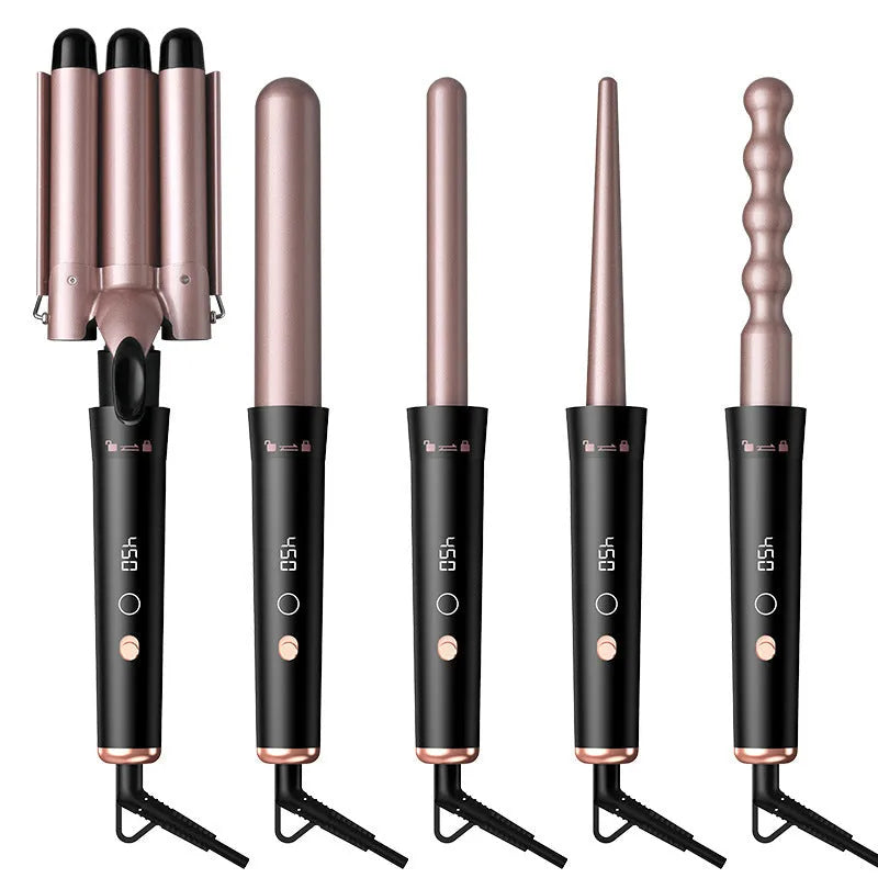 Rose gold five-in-one interchangeable tube hair curler with LCD display and negative ion technology