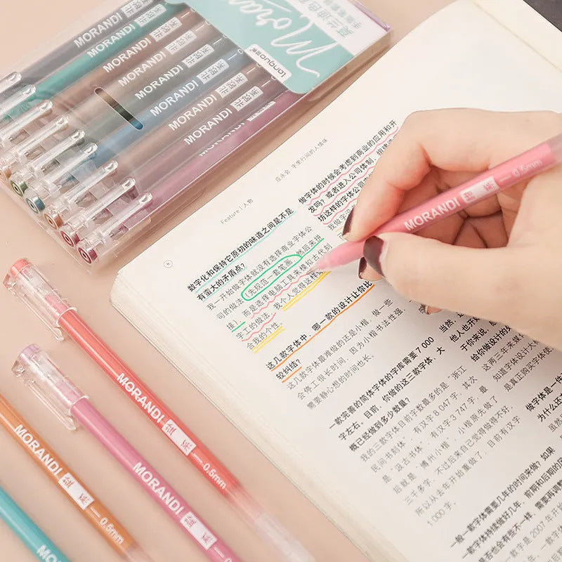 Retro gel pen set with nine 0.5mm needle tip pens in a plastic case, showing colour theme options.