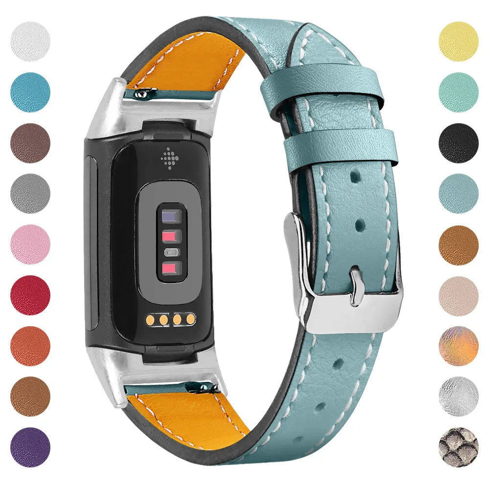 Genuine leather strap for Fitbit Charge 5 and Charge 6 smartwatch in multiple colour options.